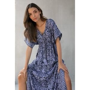 Omika Pia Caftan Floral Tropical Maxi Dress One Size Tanvi Ink Blue/Purple